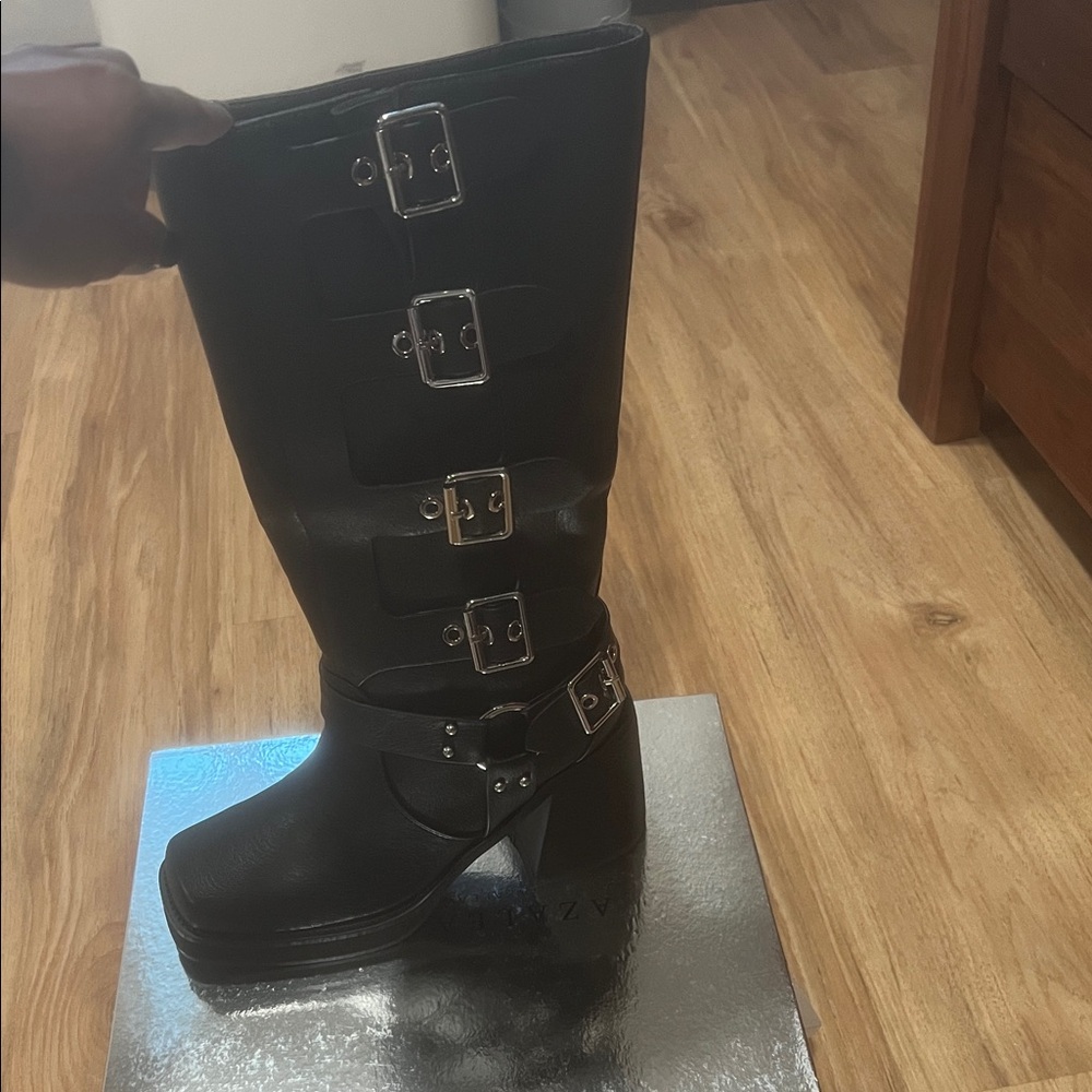 Sleek Black Buckle Heeled Boots